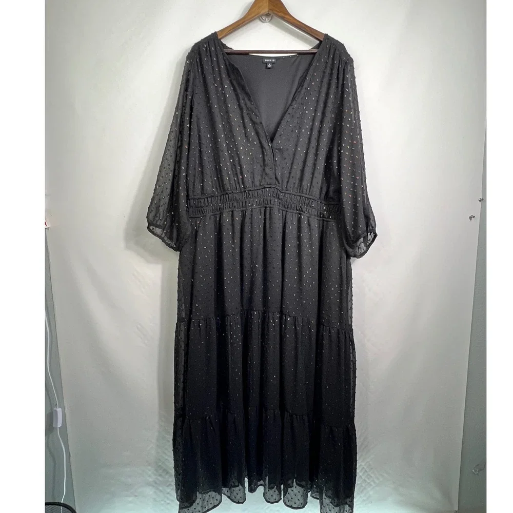 Torrid Womens Black Metallic Clip Dot Smocked Waist Tiered Dress Plus Size 4 - Picture 2 of 13